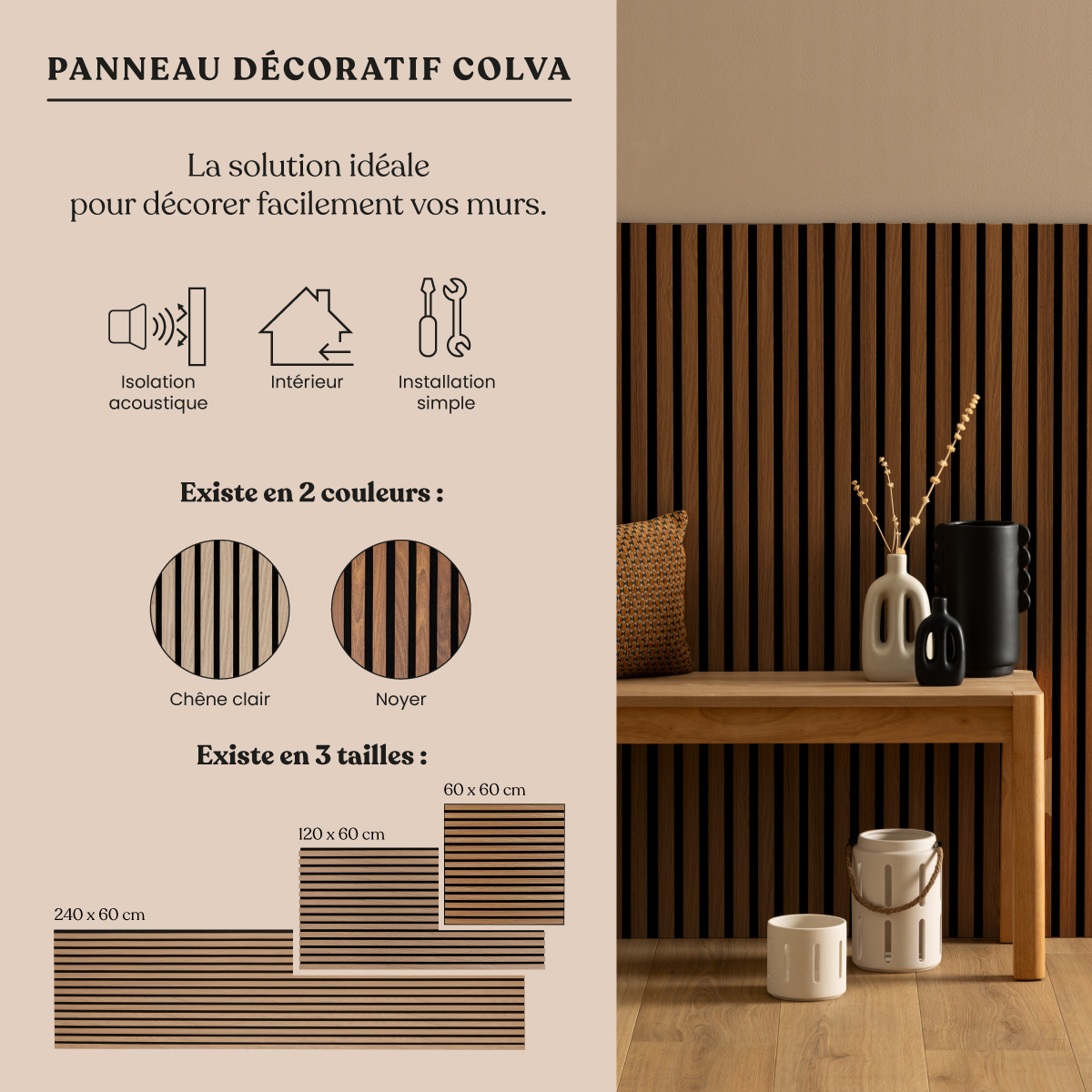 Lote de 2 paneles decorativos de listones de madera Colva